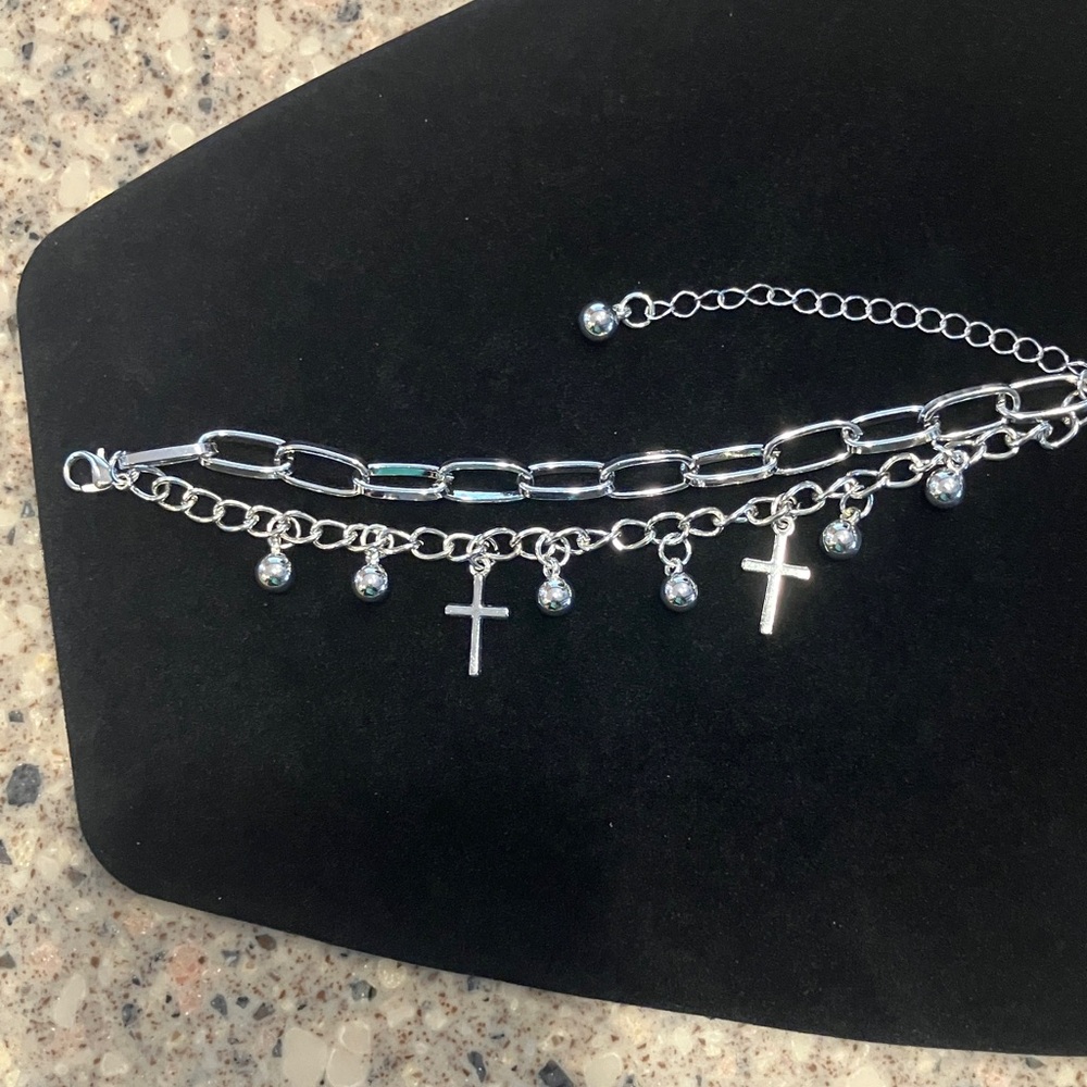 Silver Charm Bracelet with Cross Pendants